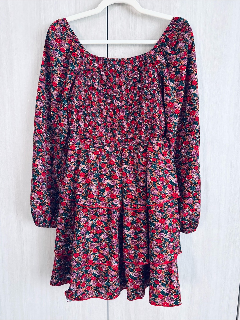 Floral Smocked Mini Dress in Red and pink floral